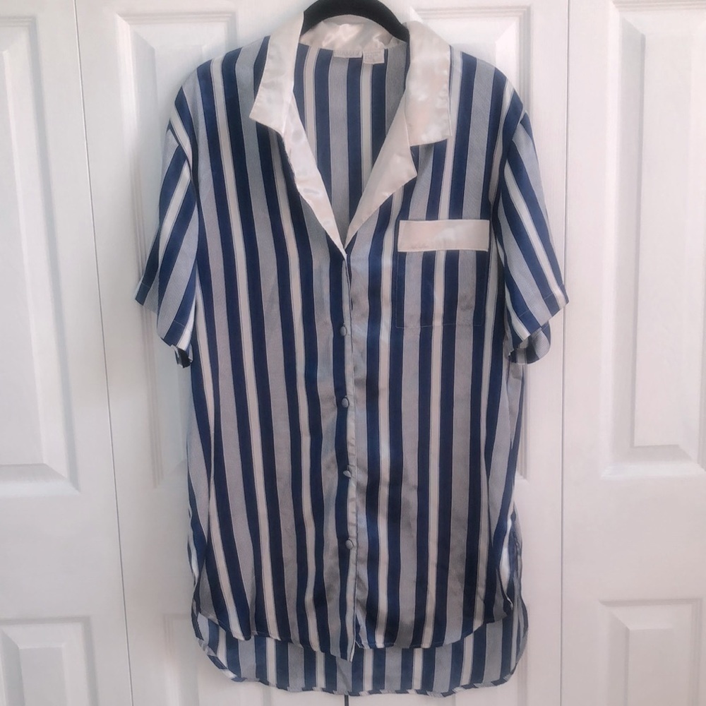 Vintage Lingerie Cacique Blue and White Striped Satin Night Shirt Size Small - Picture 8 of 10